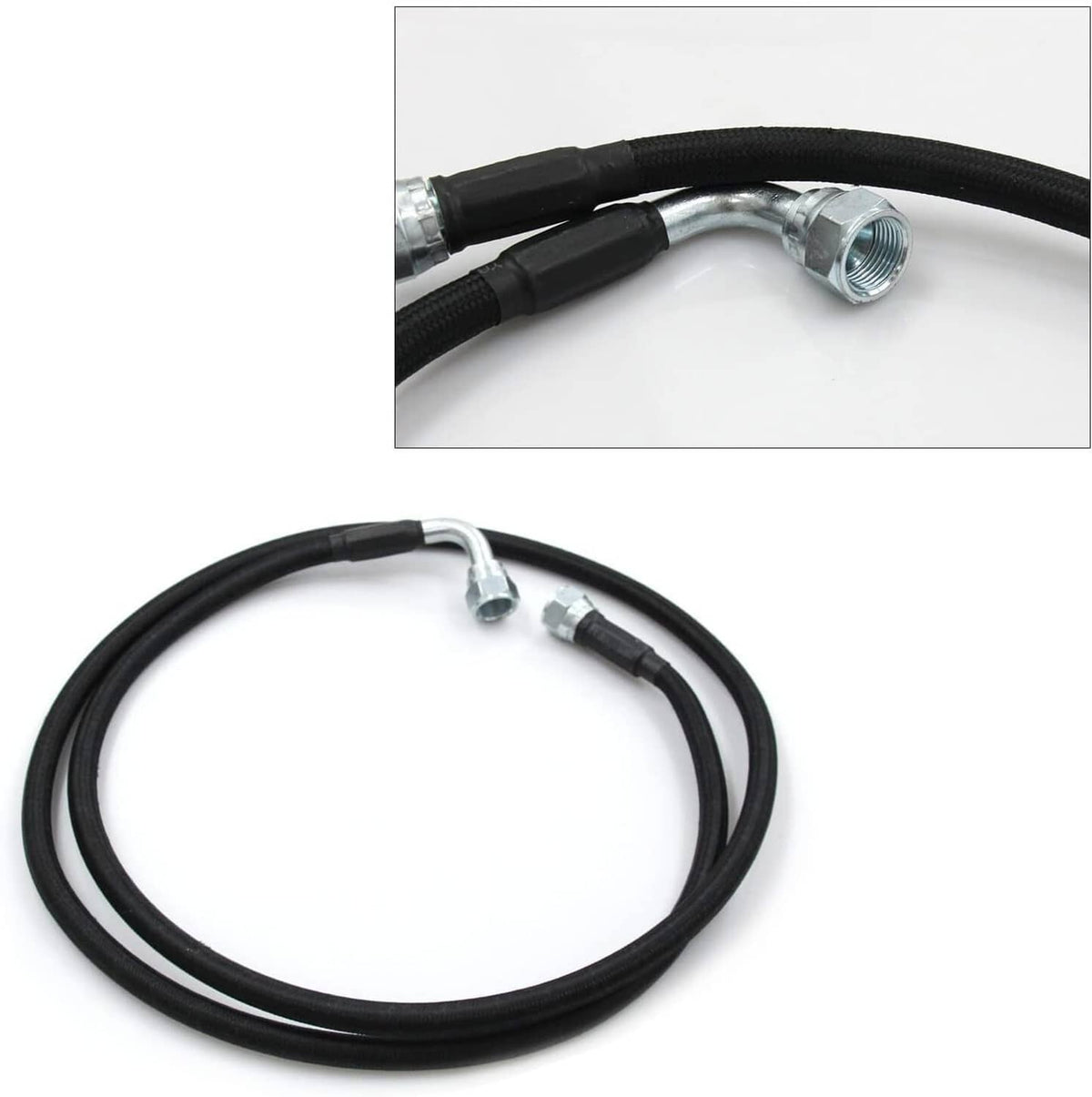 Black braided hose loop with silver elbow and hex end fitting, single line