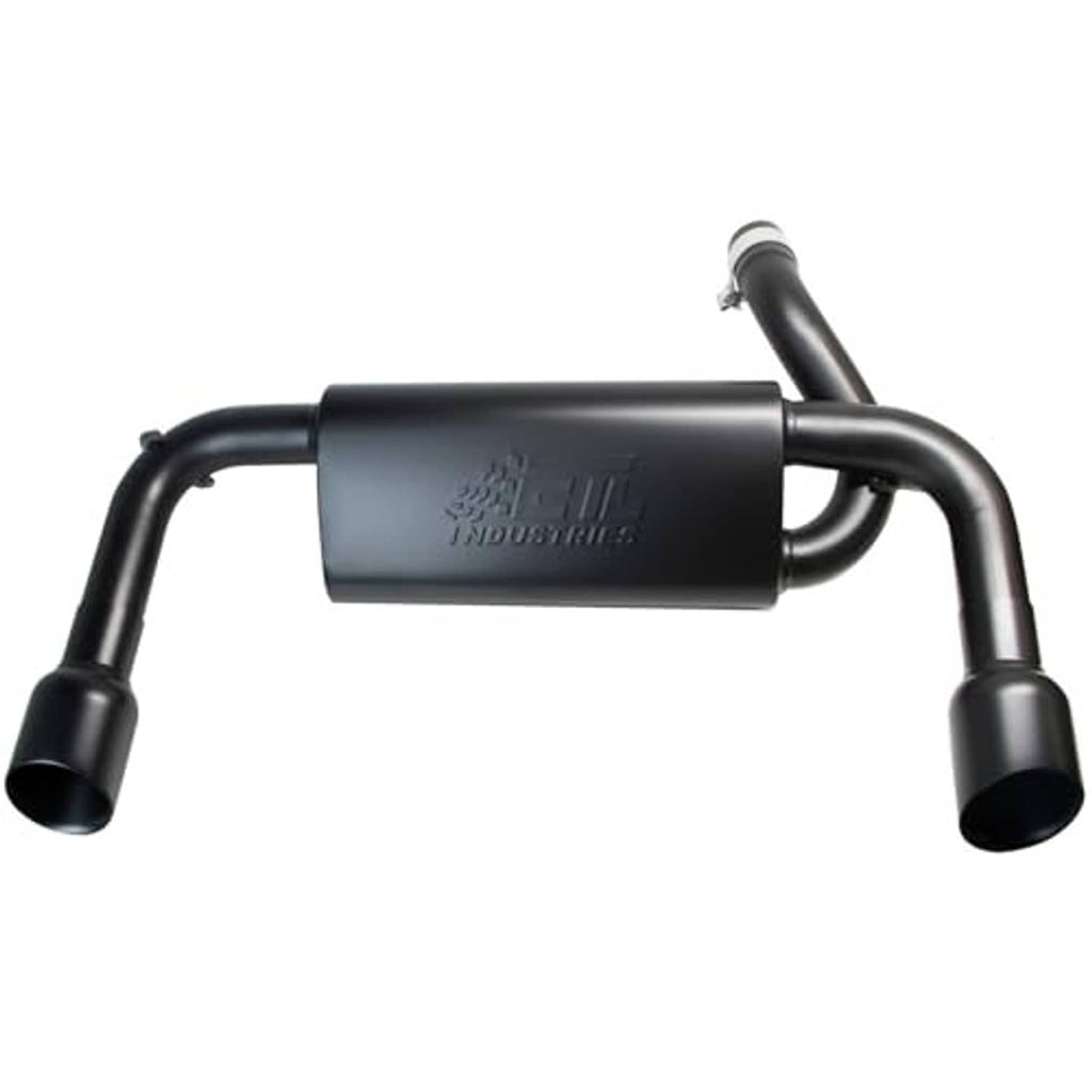 Black muffler with curved inlet pipe and two round outlet tips, matte finish