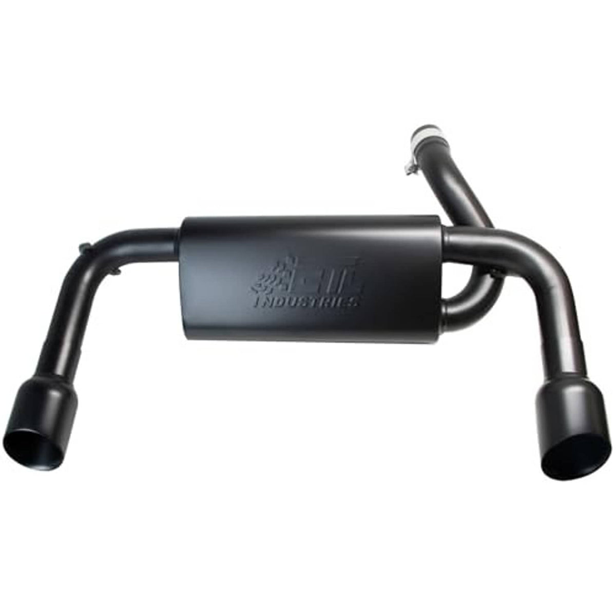 Black muffler with curved inlet pipe and two round outlet tips, matte finish