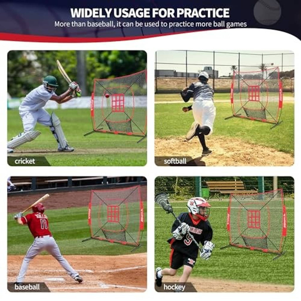 Outdoor practice net with strike targets used for baseball, softball, cricket, and hockey