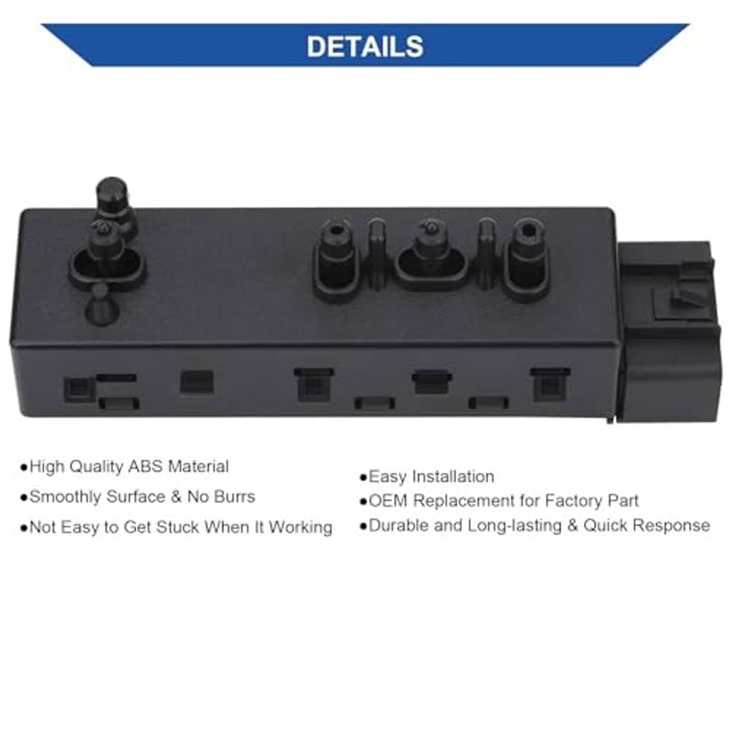 Power seat switch control module close-up with top adjustment knobs and side port openings, black.