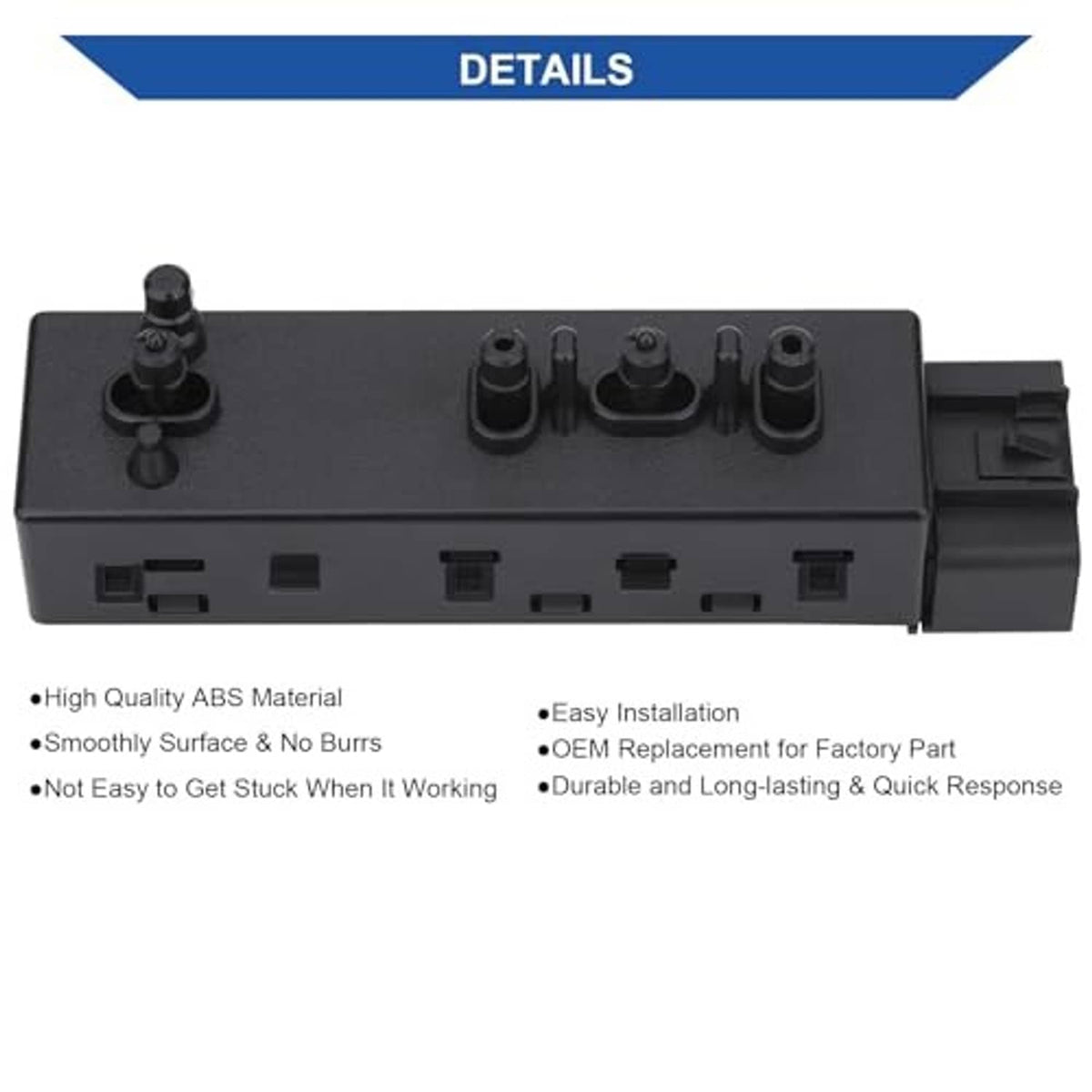 Power seat switch control module close-up with top adjustment knobs and side port openings, black.