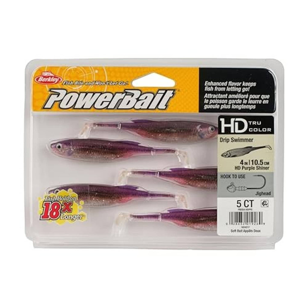 Berkley Powerbait HD Drip Swimmer soft bait in blister pack, purple shiner