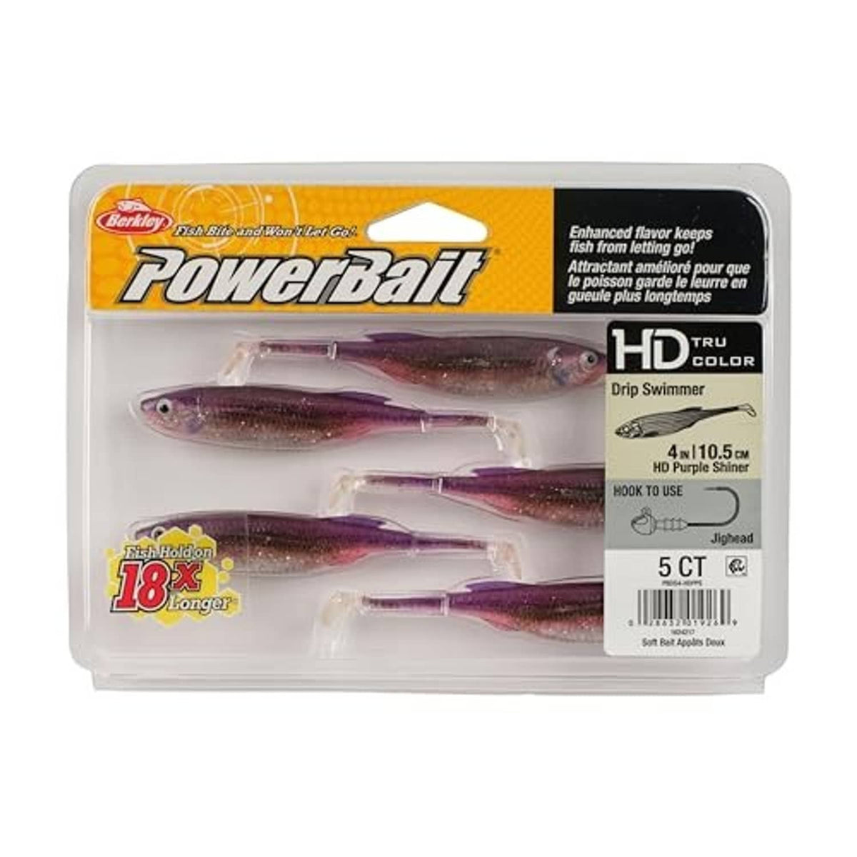 Berkley Powerbait HD Drip Swimmer soft bait in blister pack, purple shiner