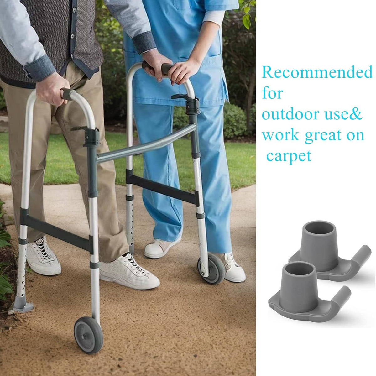 Grey felt ski glides on folding walker legs for traction on surfaces