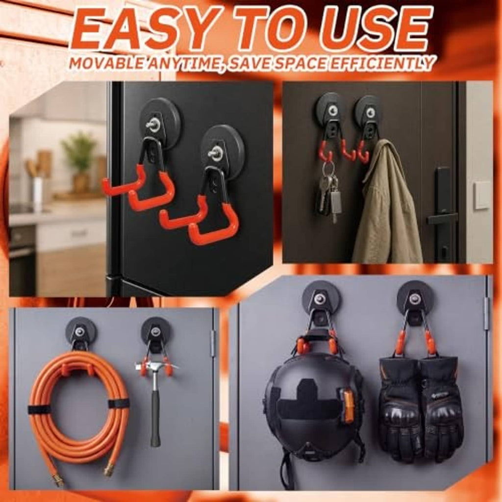 Black magnetic hooks with orange rubber arms for hanging coats, bags, and keys