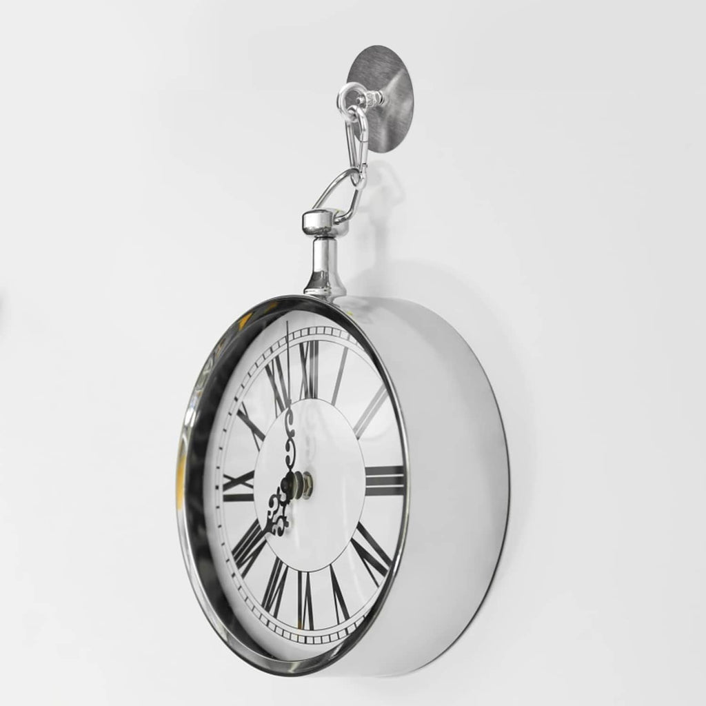 Stainless steel adhesive ceiling hook holding a hanging clock by metal chain