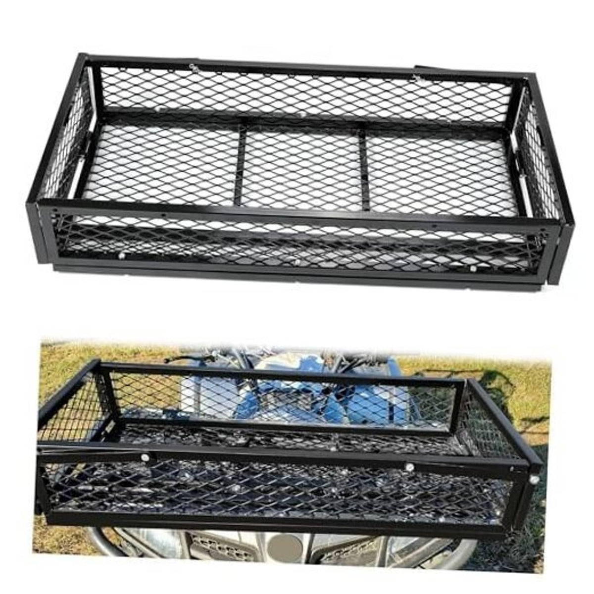 Black steel mesh ATV/UTV front cargo basket with open rectangular frame