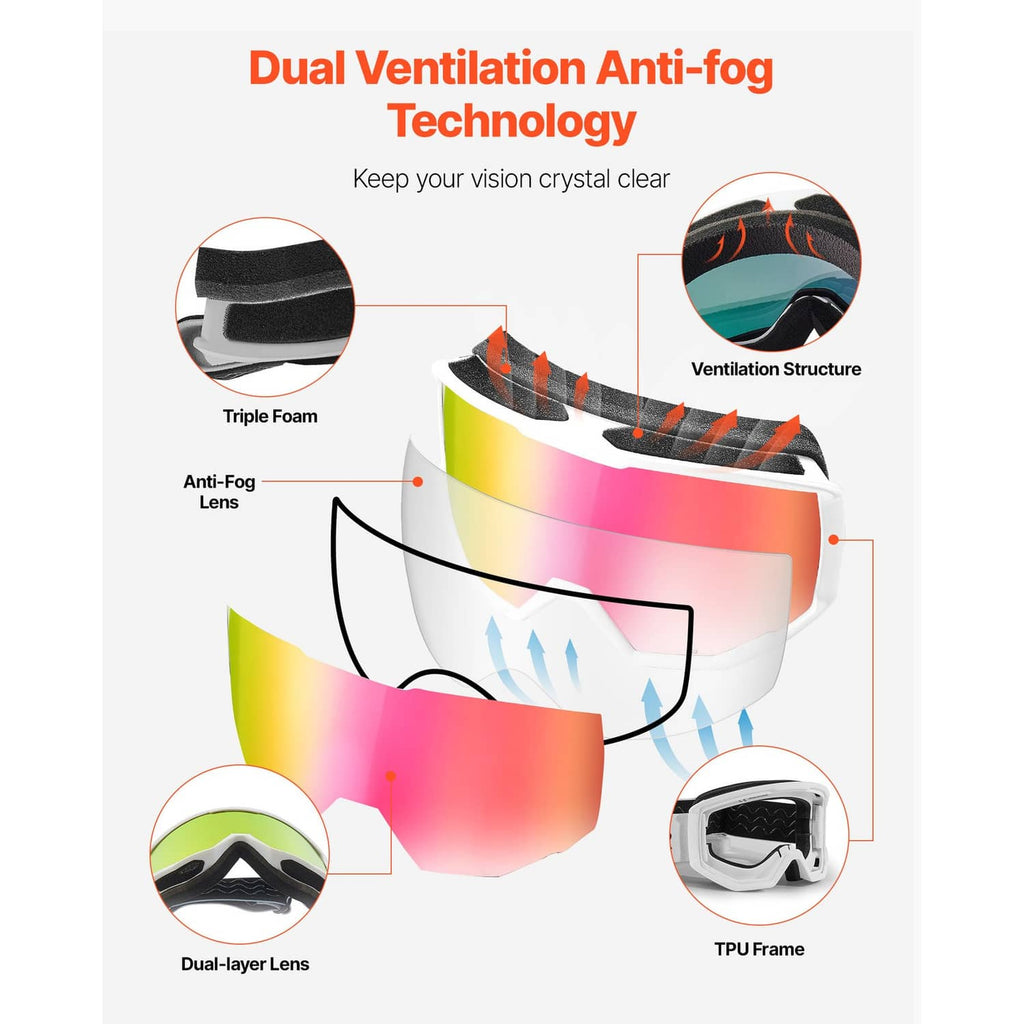 Ski goggles with reflective dual-layer lens and vented frame, pink-green finish