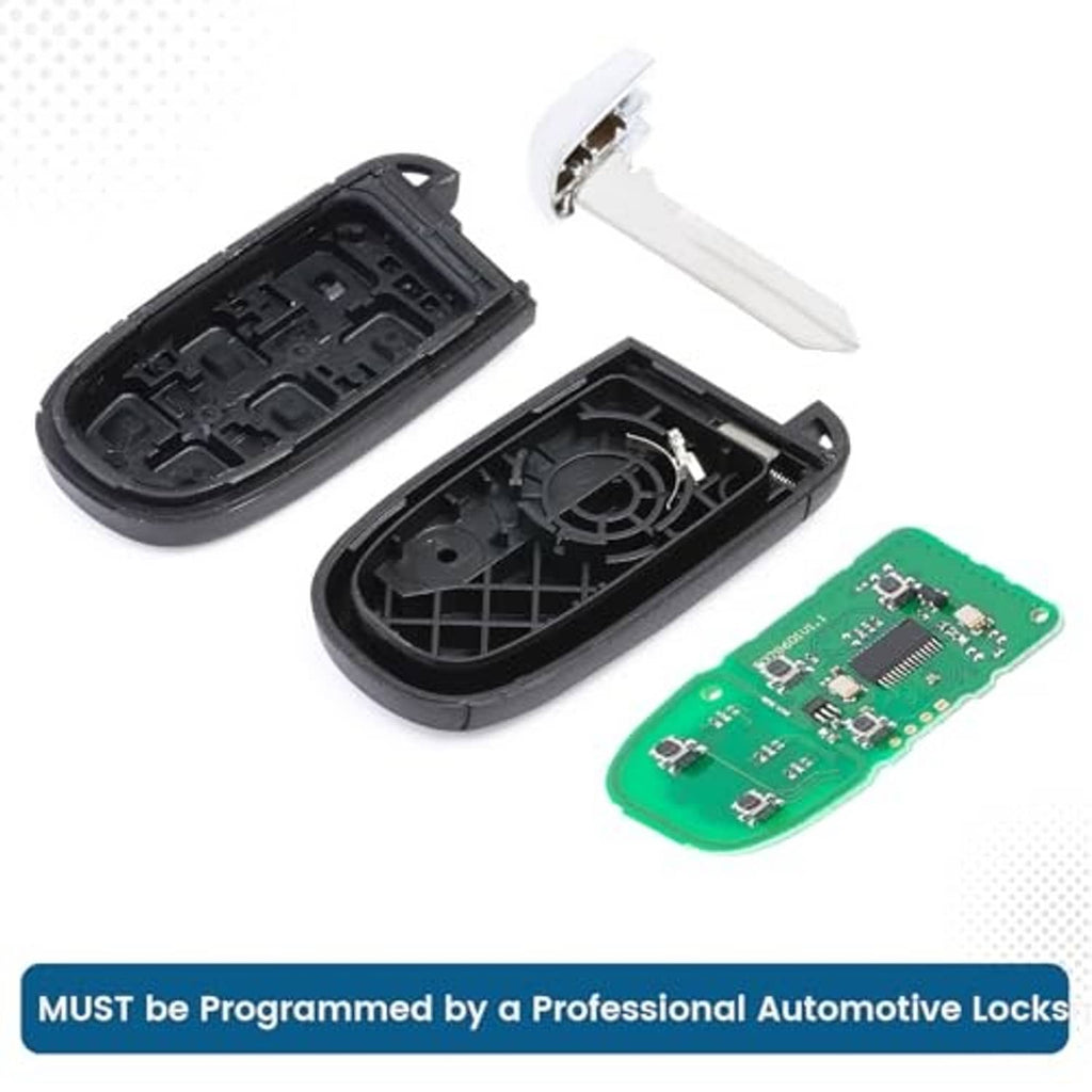 Disassembled black car key fob case, key blade, and green circuit board inside