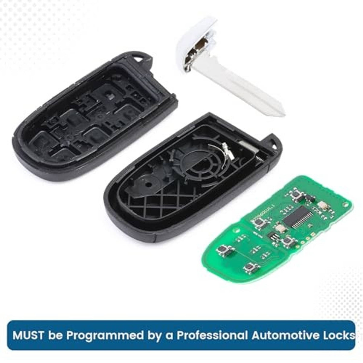 Disassembled black car key fob case, key blade, and green circuit board inside