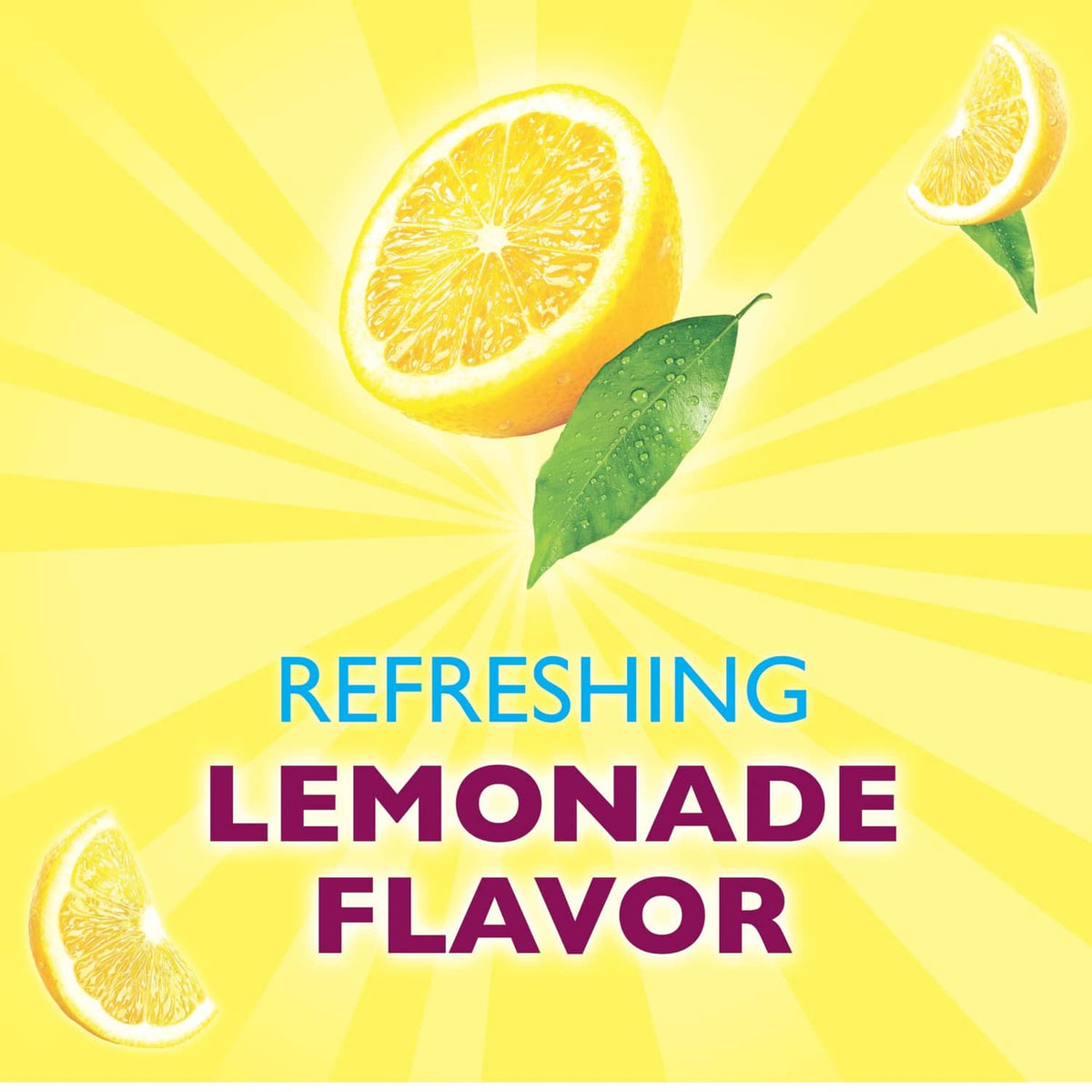 Refreshing lemonade flavor label with lemon slices and green leaf sprigs