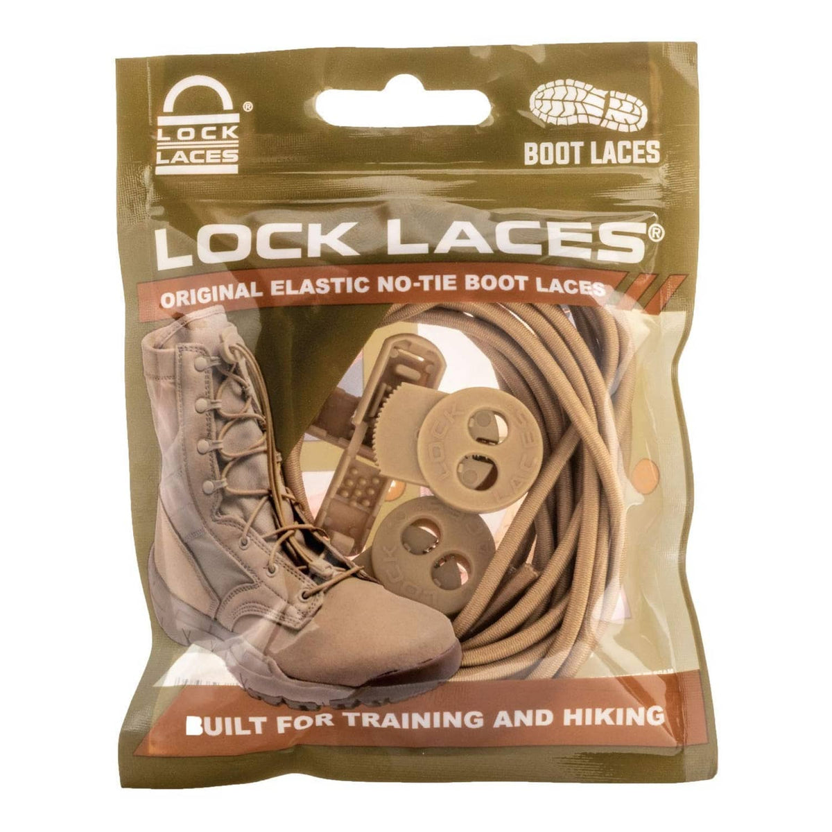 Original elastic no-tie boot laces package with tan lace set and lock