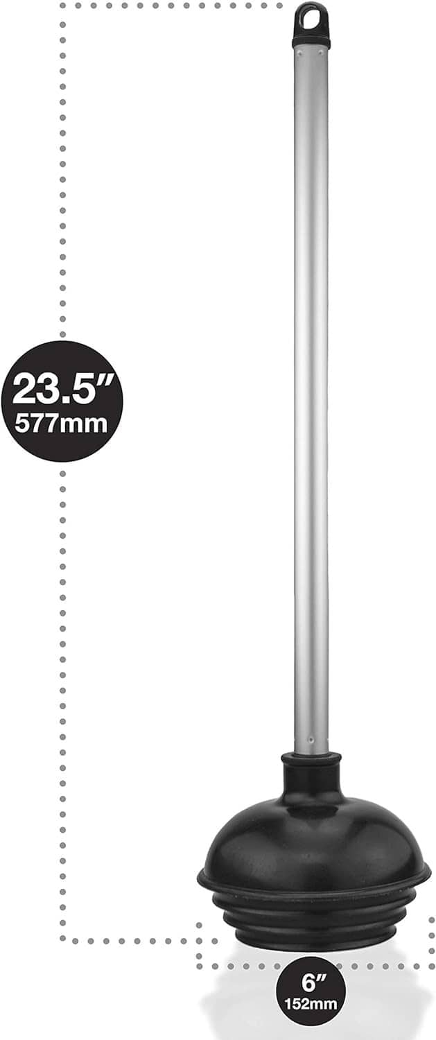 Single toilet plunger with silver aluminum handle and black rubber suction cup