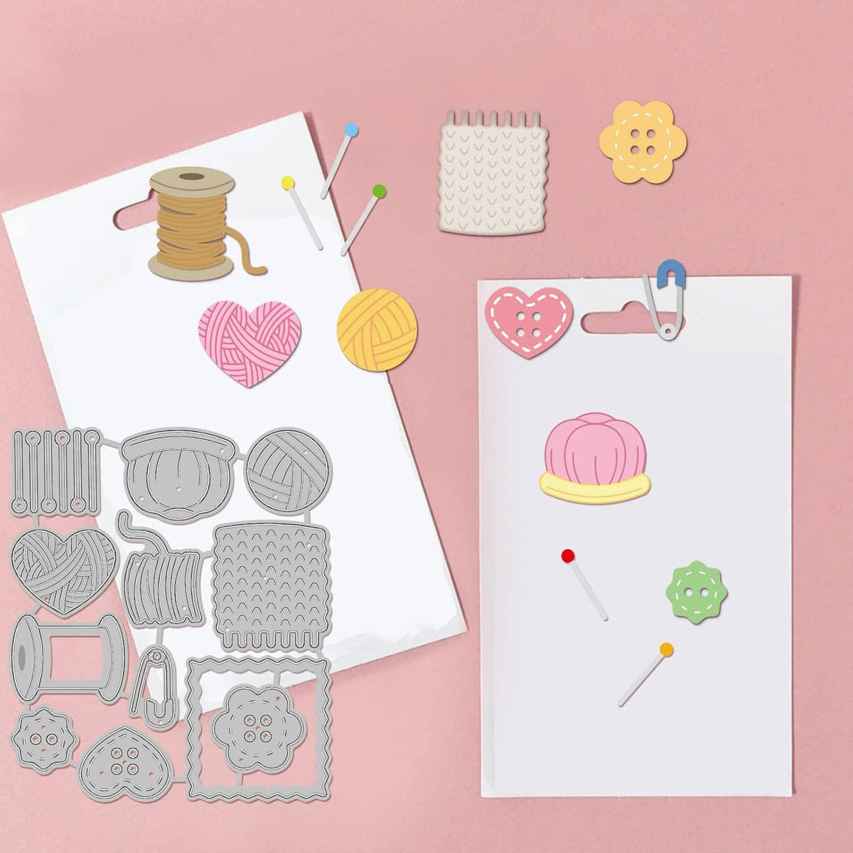 Sewing-themed metal die cuts on cards: thread, heart, yarn balls, needles, tools