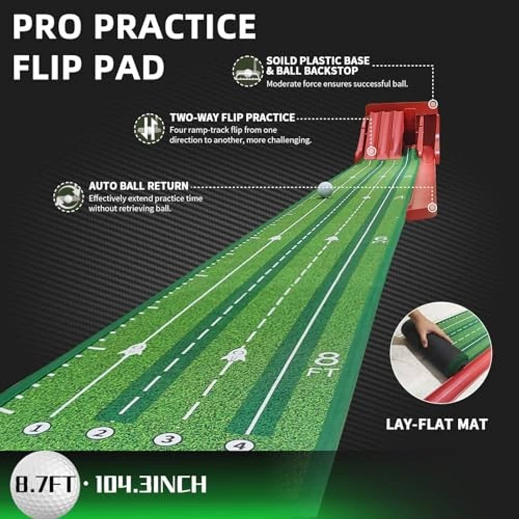 Green golf putting mat with red flip pad, auto ball return, and practice ball