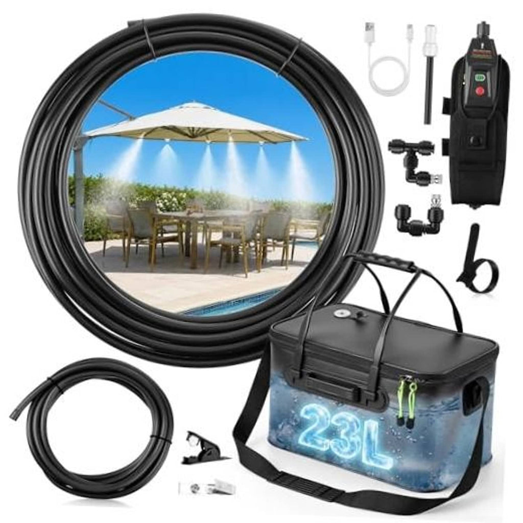 Black portable misting system with coiled hose, pump, and storage bucket for outdoor cooling