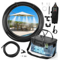 Black portable misting system with coiled hose, pump, and storage bucket for outdoor cooling