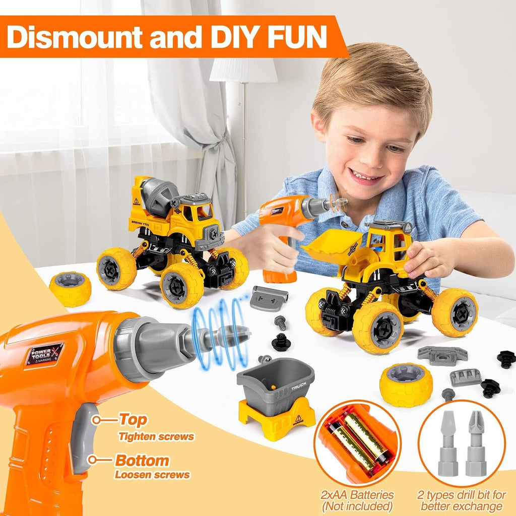 Take-apart construction vehicles with drill handle, shown being assembled with multiple parts
