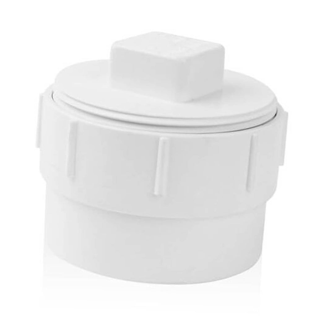 White PVC 2-inch sewer cleanout adapter with square plug cap and threaded fitting