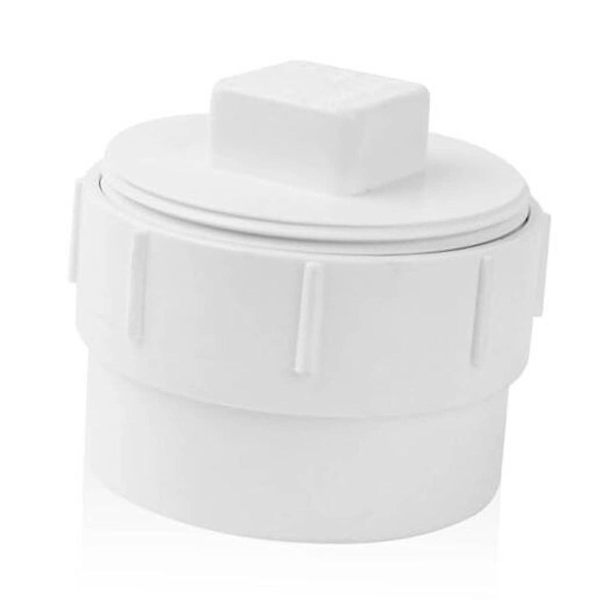 White PVC 2-inch sewer cleanout adapter with square plug cap and threaded fitting