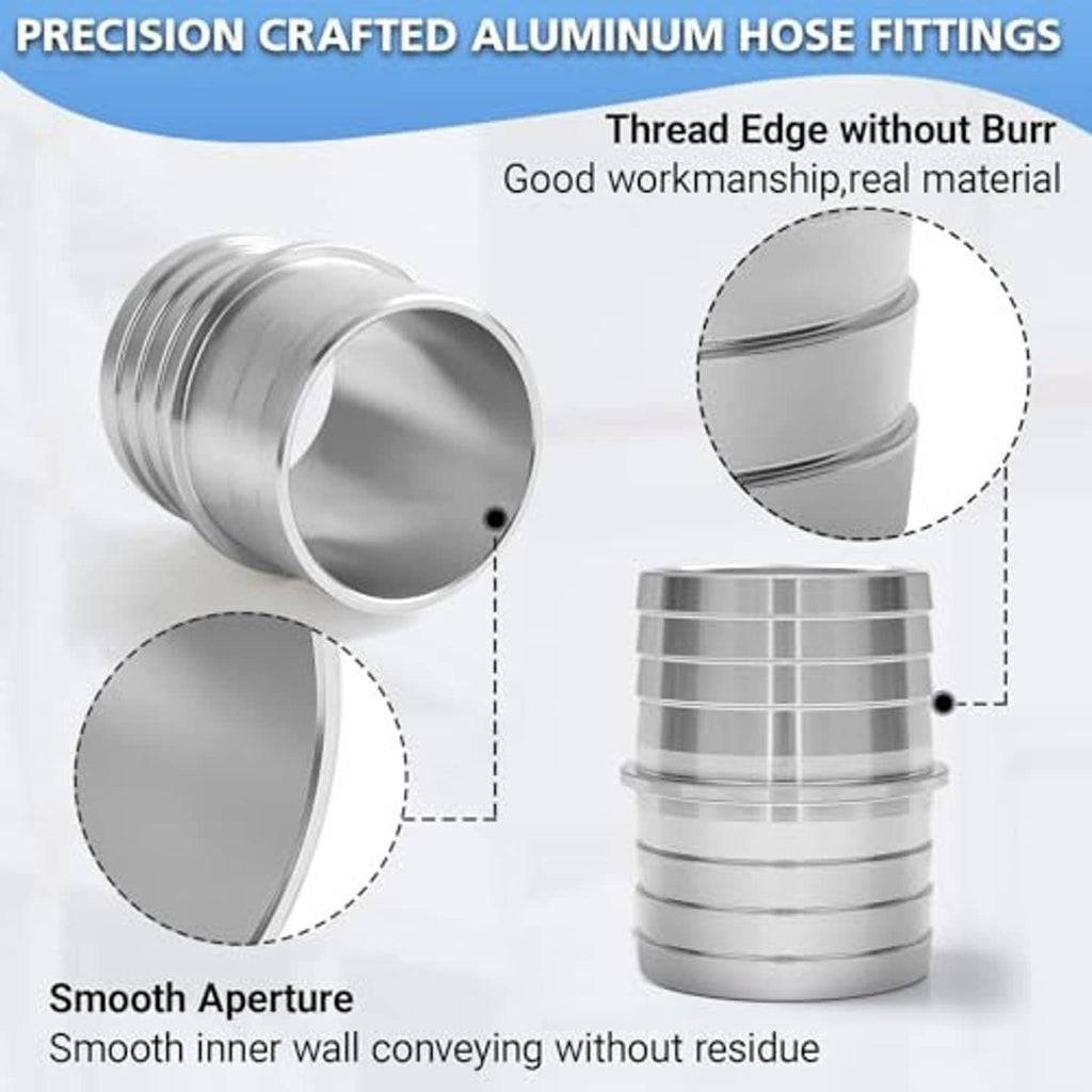 Aluminum hose barb coupler with smooth inner bore and threaded edge, silver finish