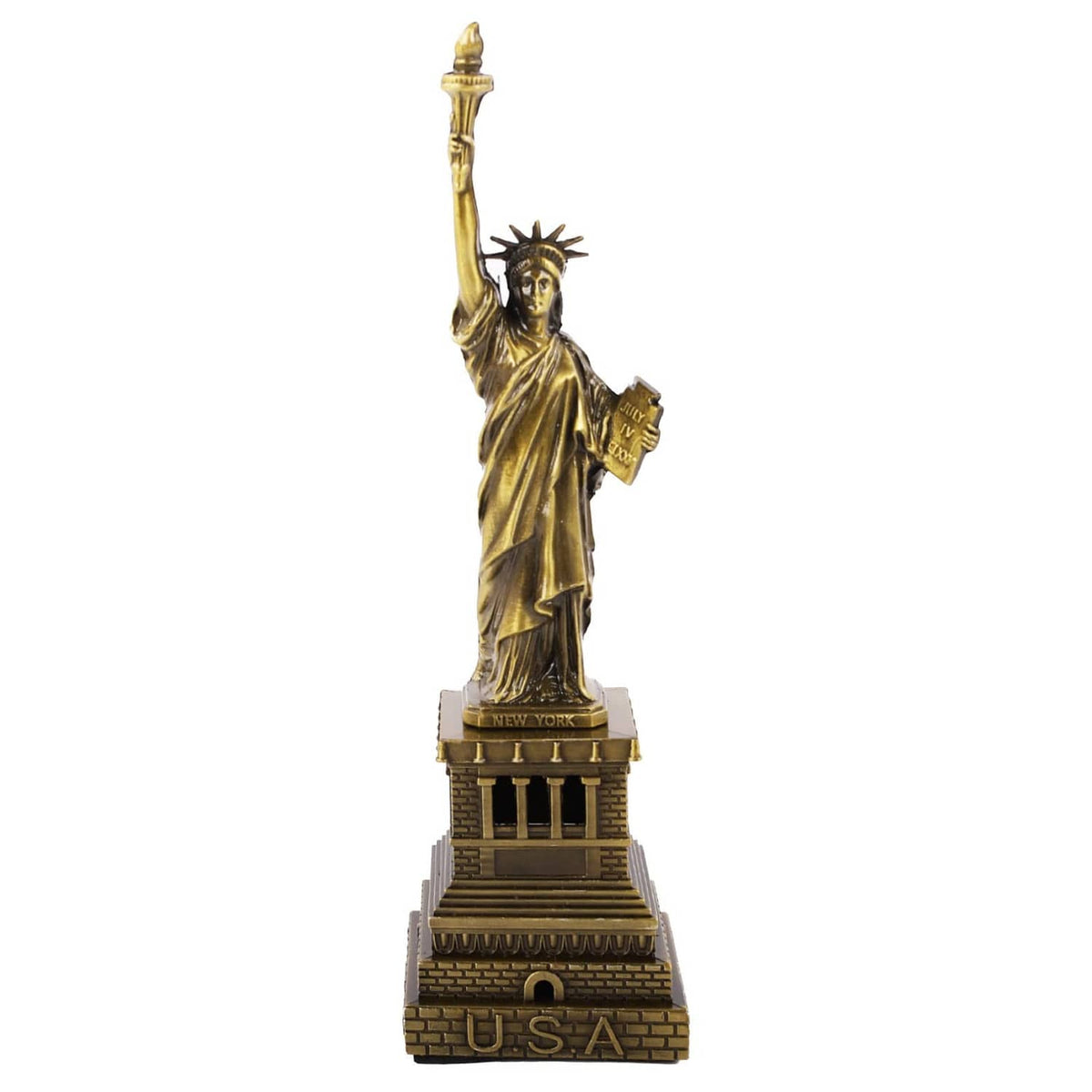 Bronze Statue of Liberty metal model figurine, full view with U.S.A. base