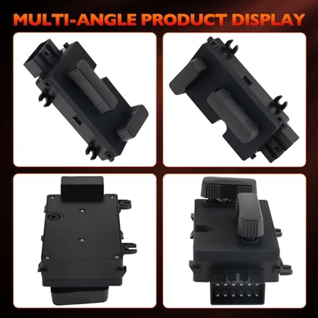 Multi-angle views of black power seat switch module with multi-pin connector
