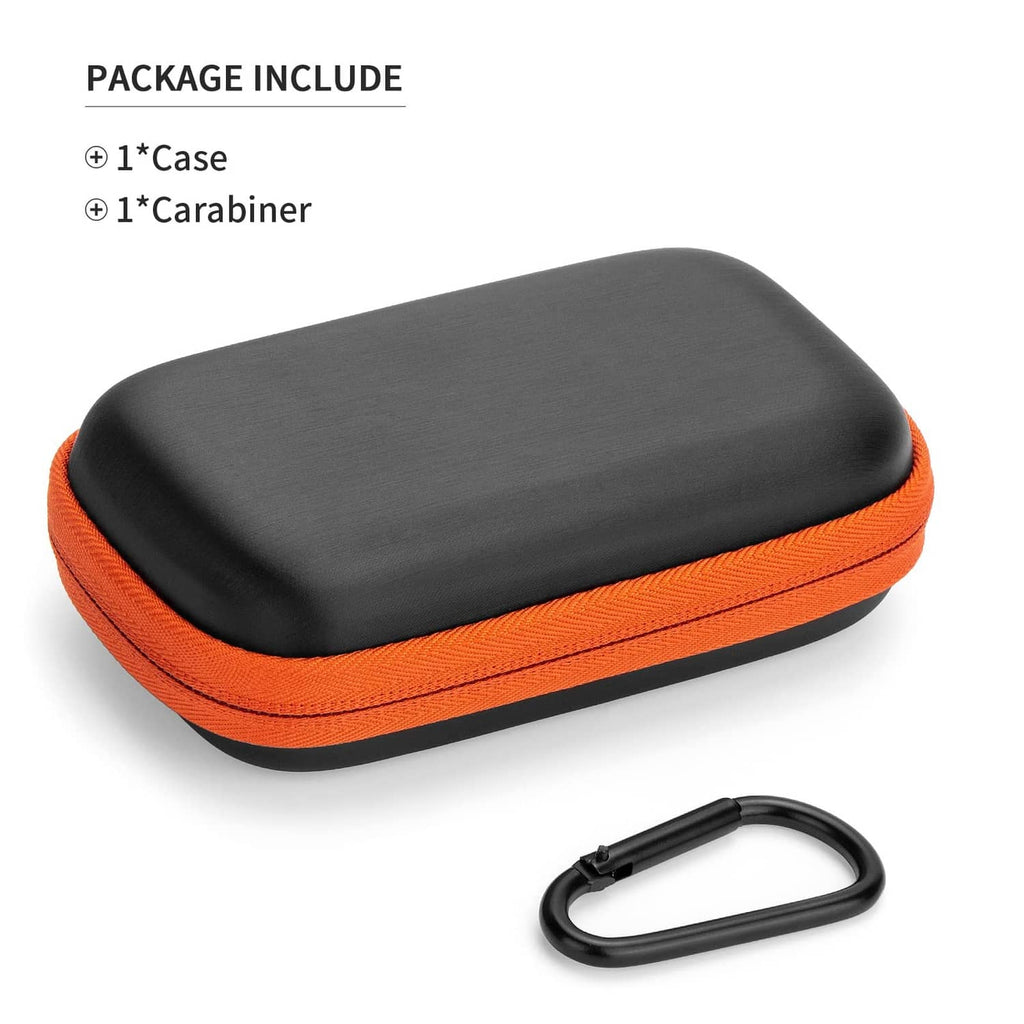 Black hard SSD case with orange edge trim, includes carabiner and zip closure