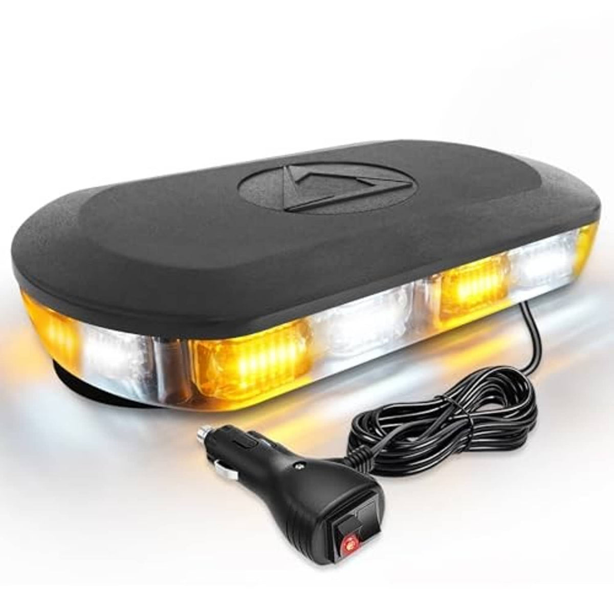 Rooftop emergency strobe light bar, black case, amber and white LED strips, wiring cable
