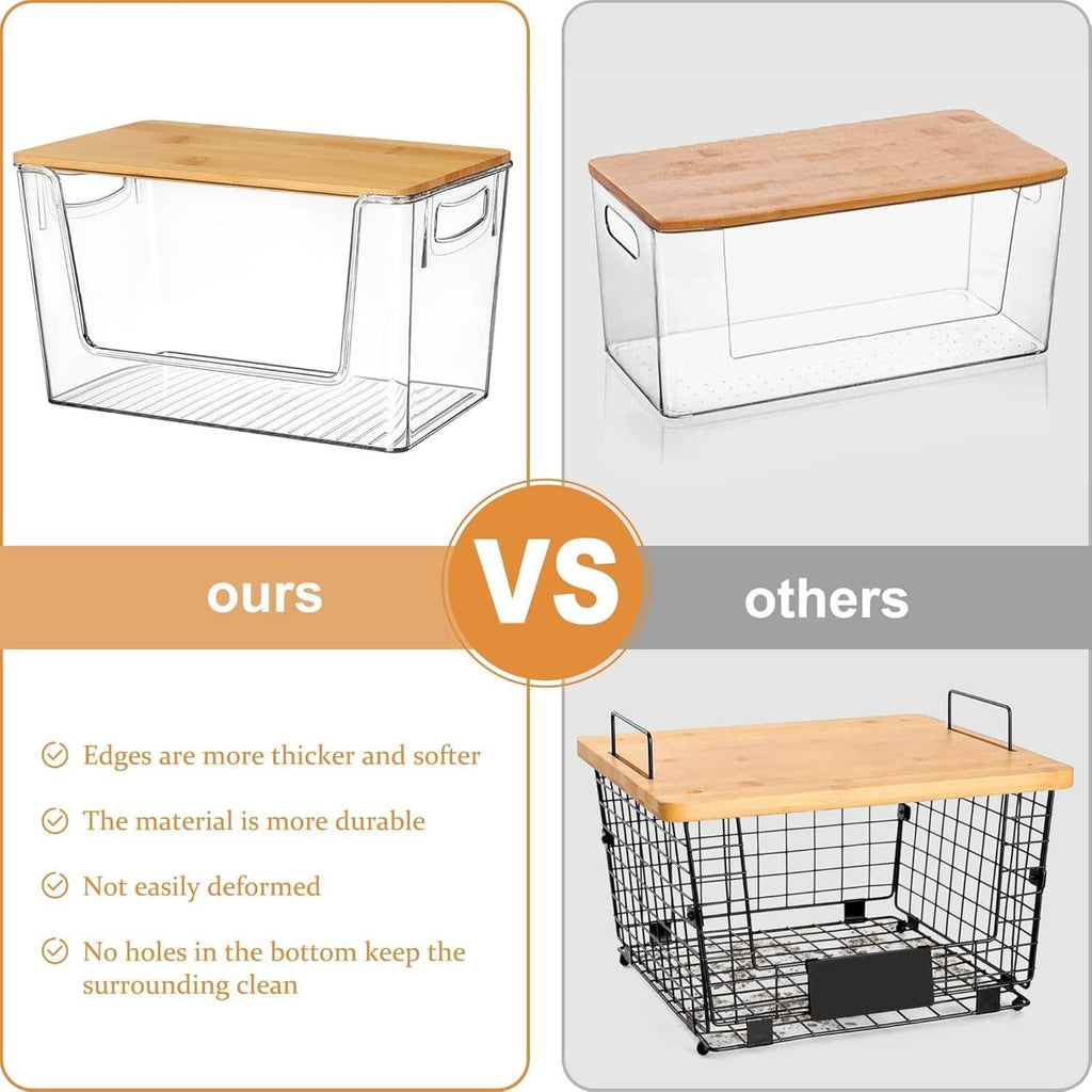 Clear storage bin with bamboo lid, square design with built-in side handles