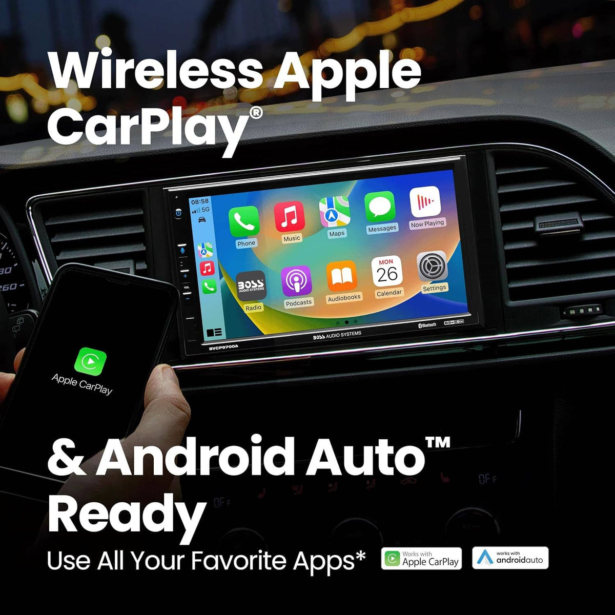 Wireless CarPlay and Android Auto ready car stereo touchscreen with app icons