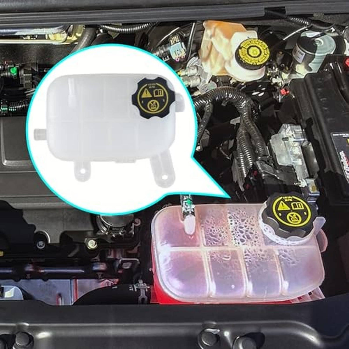 Engine coolant reservoir tank installed in engine bay with black warning cap