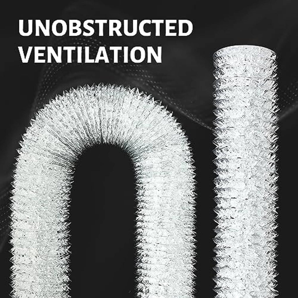 Two silver flexible aluminum foil vent ducts with ridged texture and arched shape
