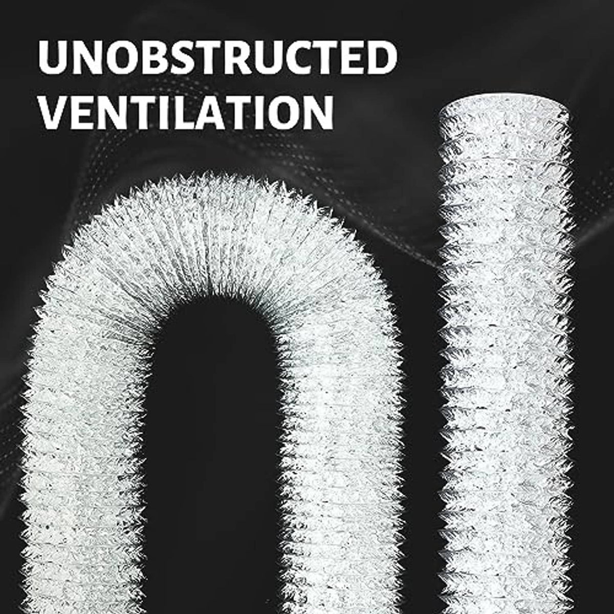 Two silver flexible aluminum foil vent ducts with ridged texture and arched shape