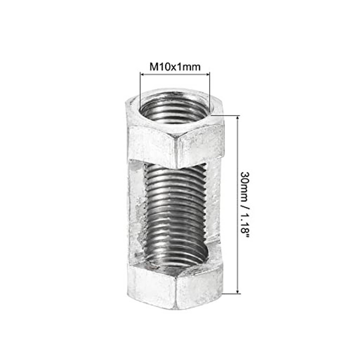 Single M10x1mm zinc-plated hex coupling nut with internal thread dimensions