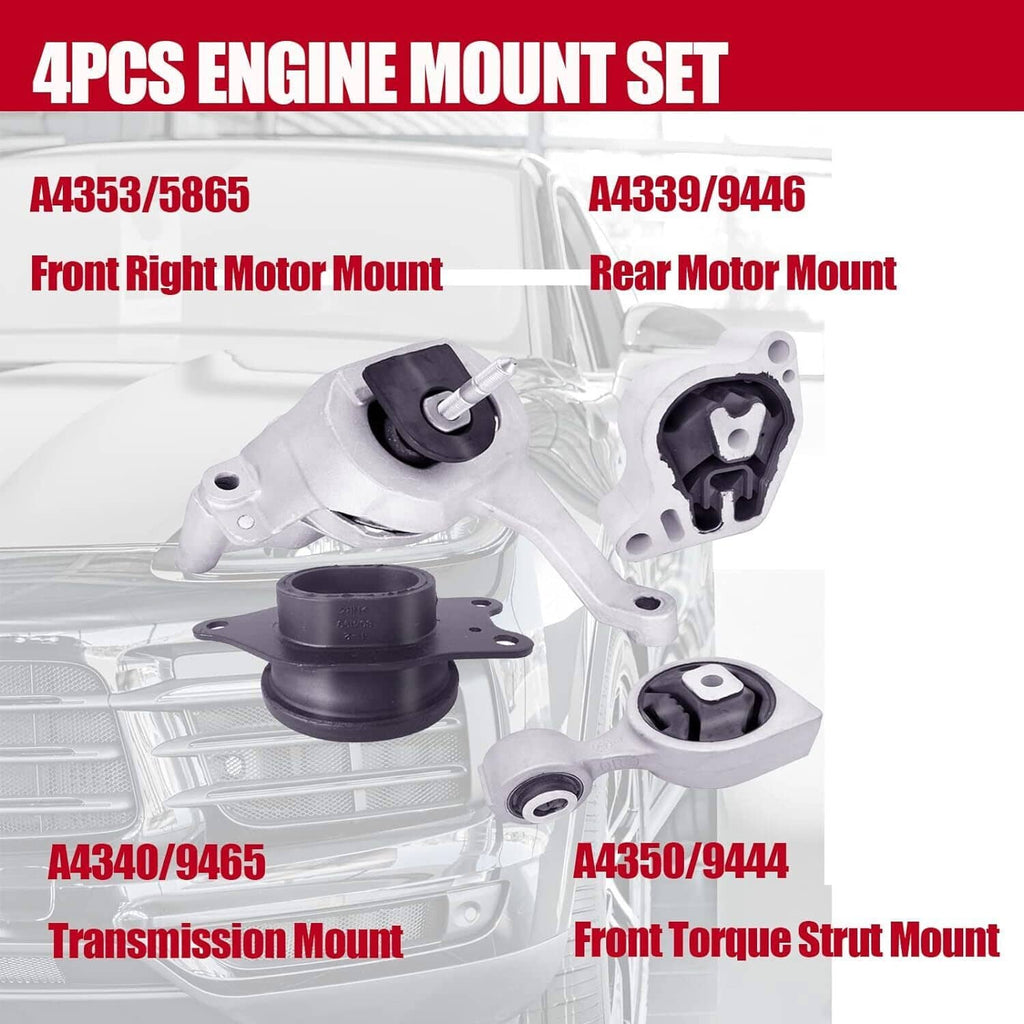 Engine mount kit set of four pieces with black and silver mount components
