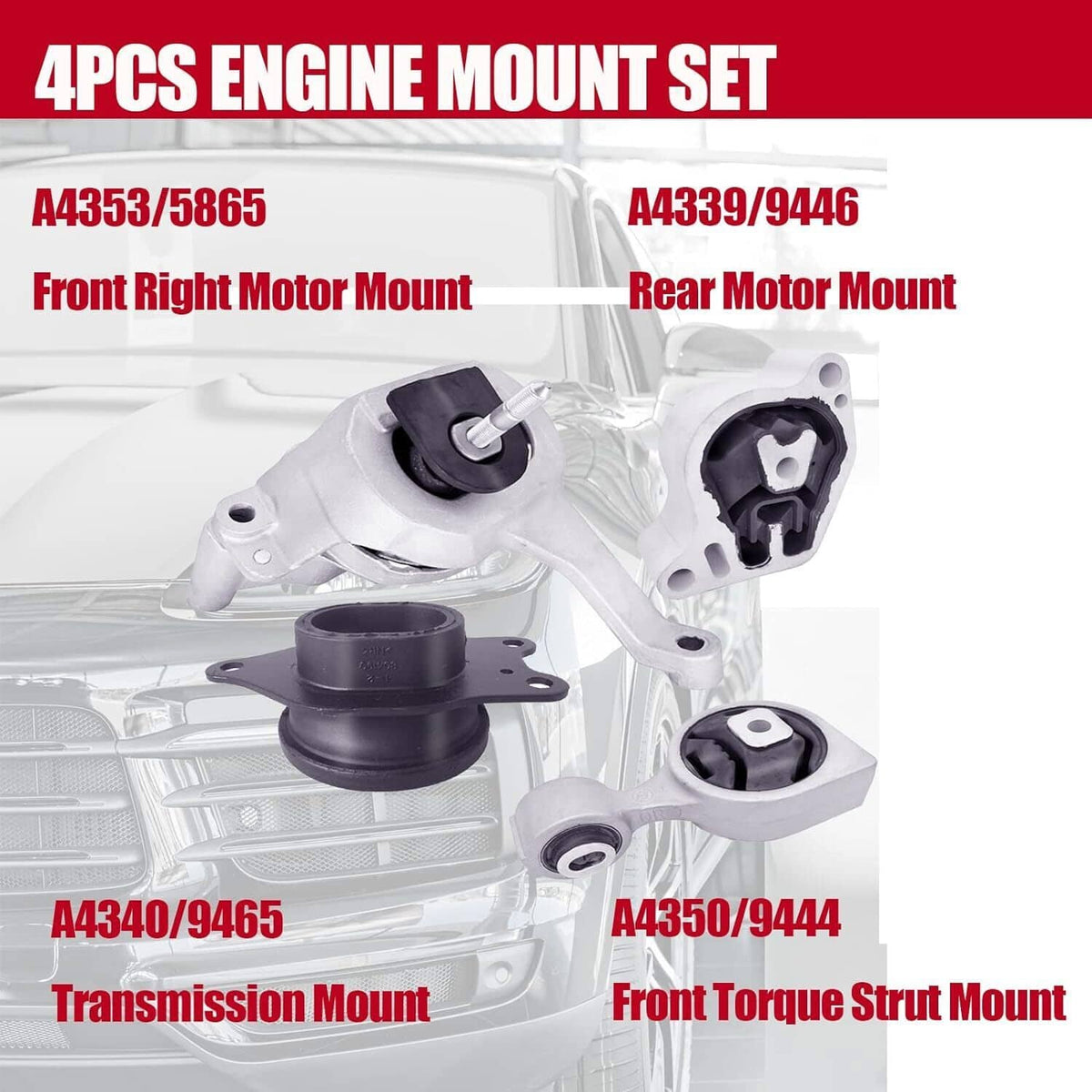 Engine mount kit set of four pieces with black and silver mount components