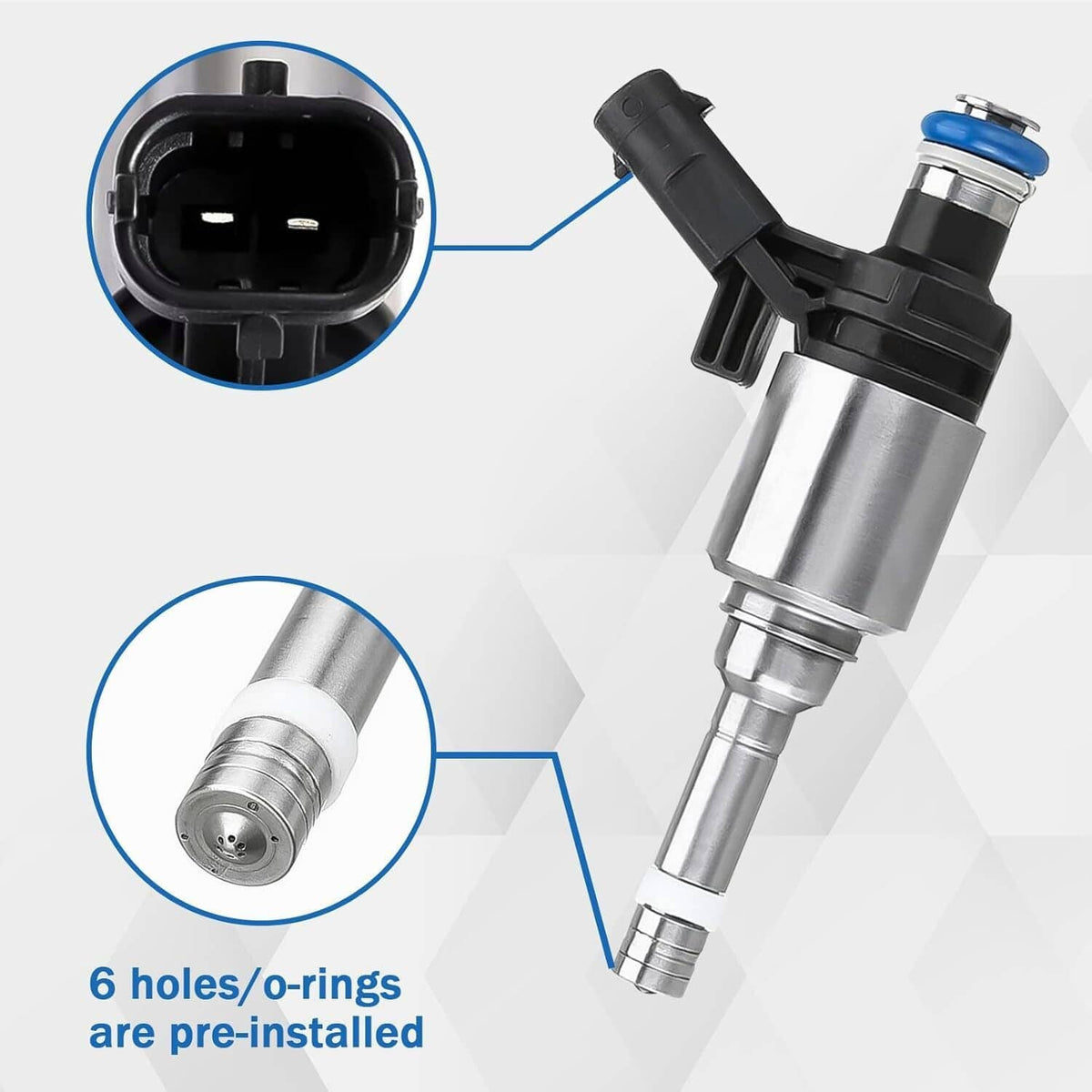 Fuel injector with black connector and blue-ring seal, with enlarged detail views