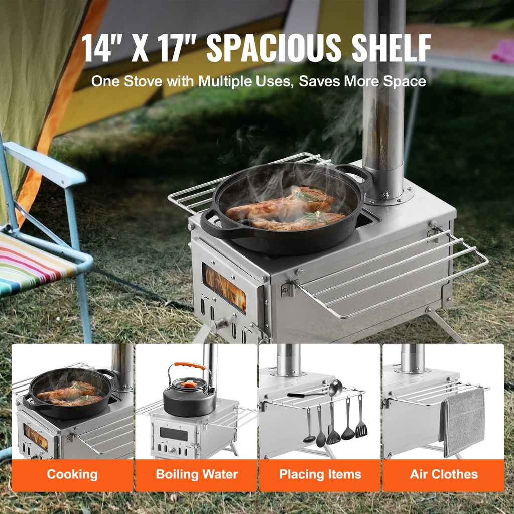 Portable wood stove with tall chimney and round cooktop with pot