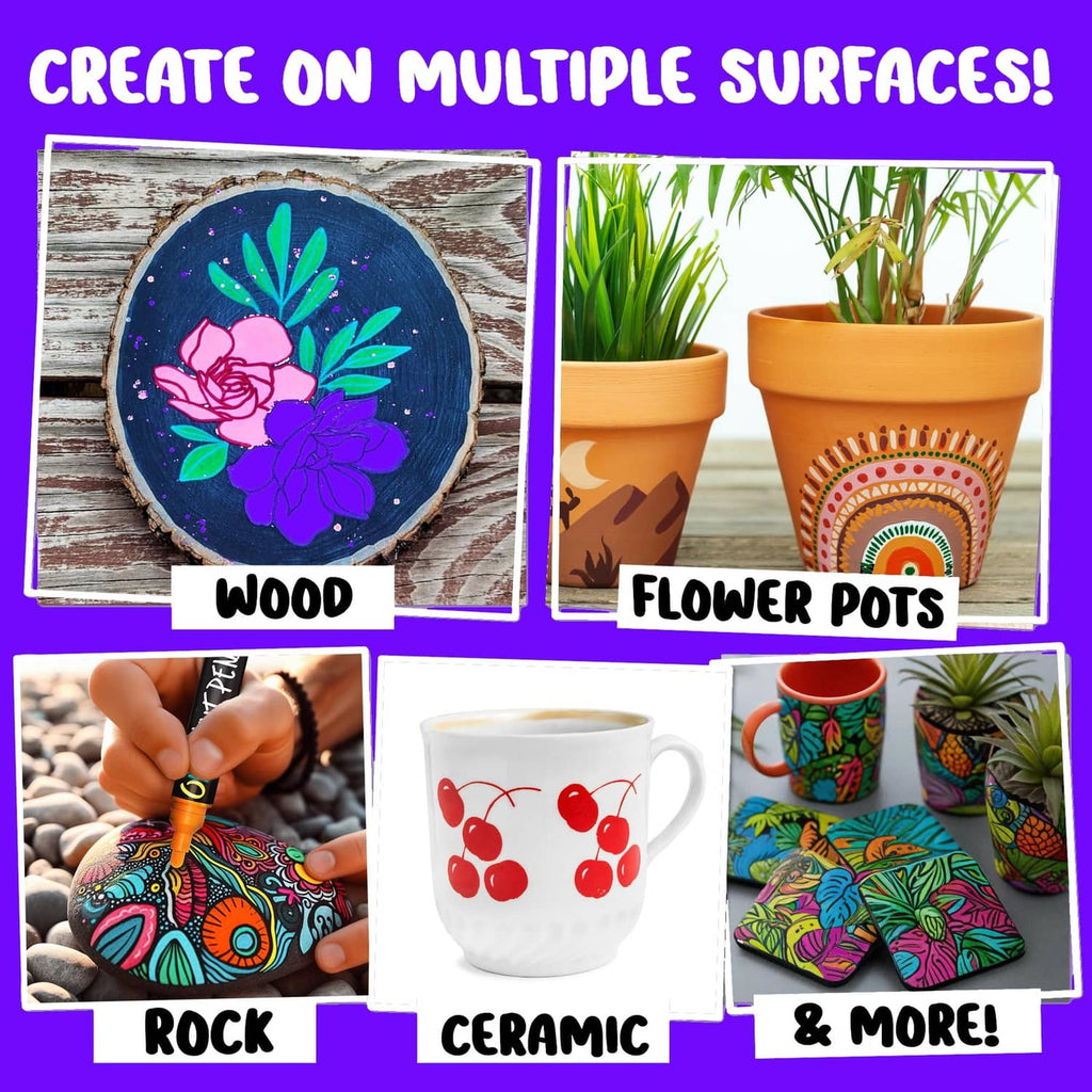 Colorful marker art on wood, flower pots, rock, and ceramic surfaces.
