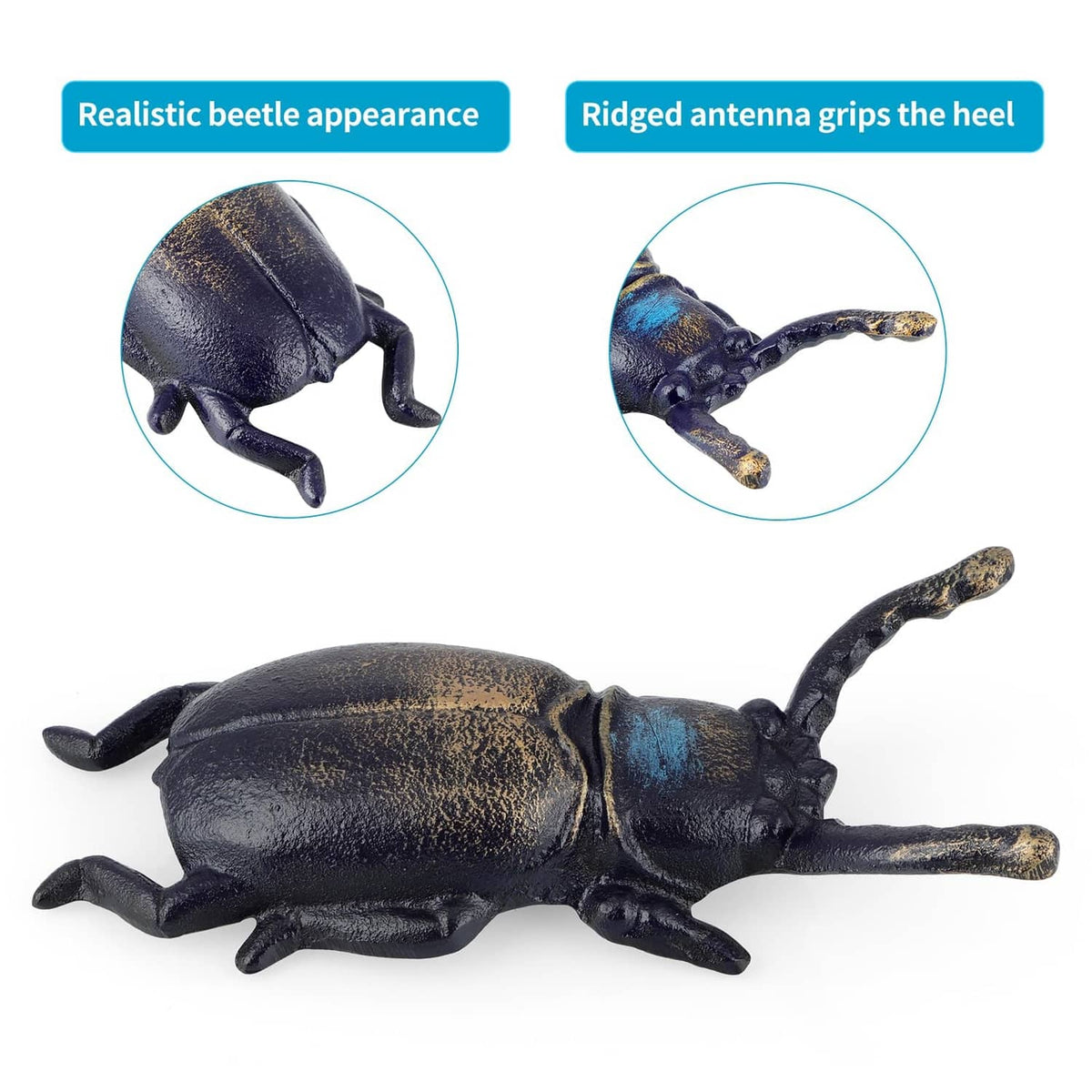 Cast iron beetle boot jack with realistic body texture and ridged antenna grip