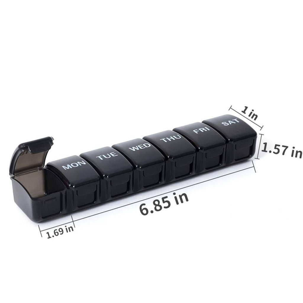 Black weekly pill organizer labeled Mon–Sat, with approx 6.85 x 1.69 in dimensions