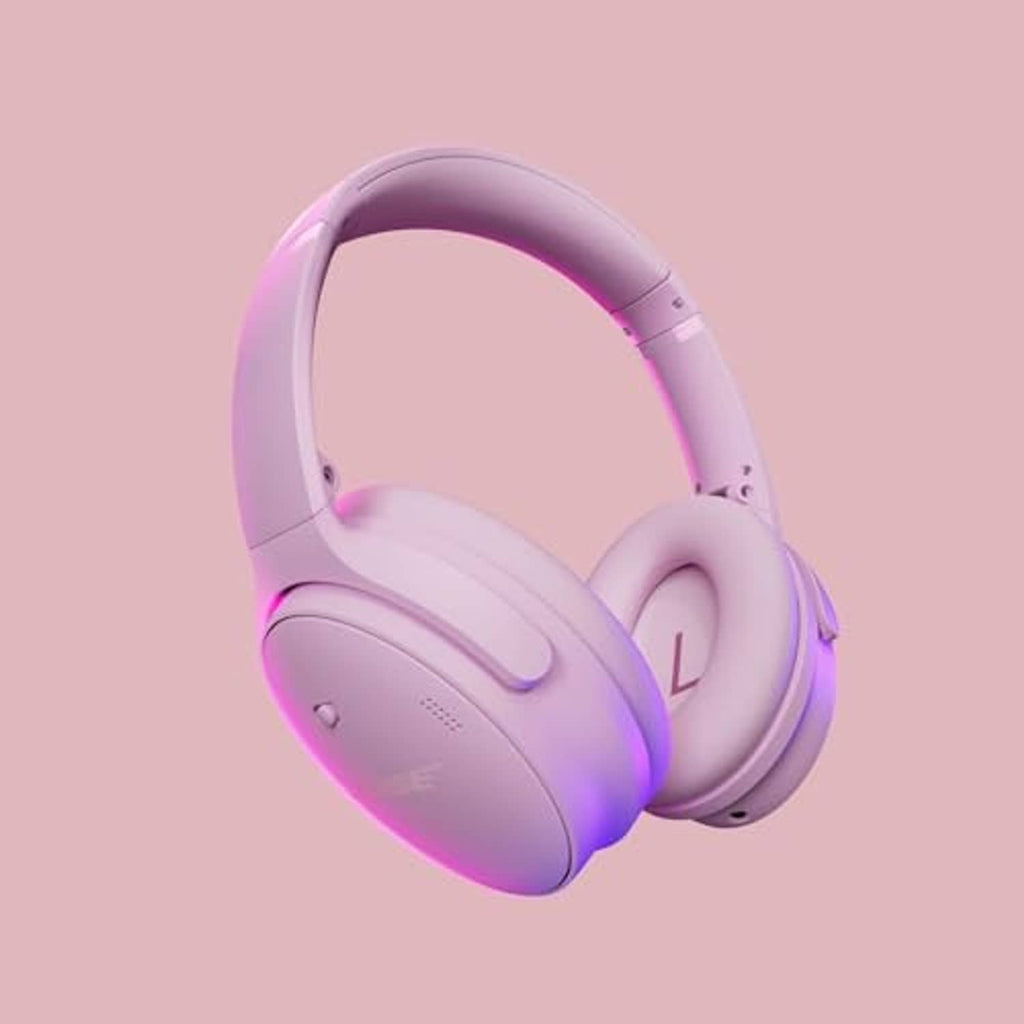 Pink wireless over-ear headphones, angled view showing both earcups and headband