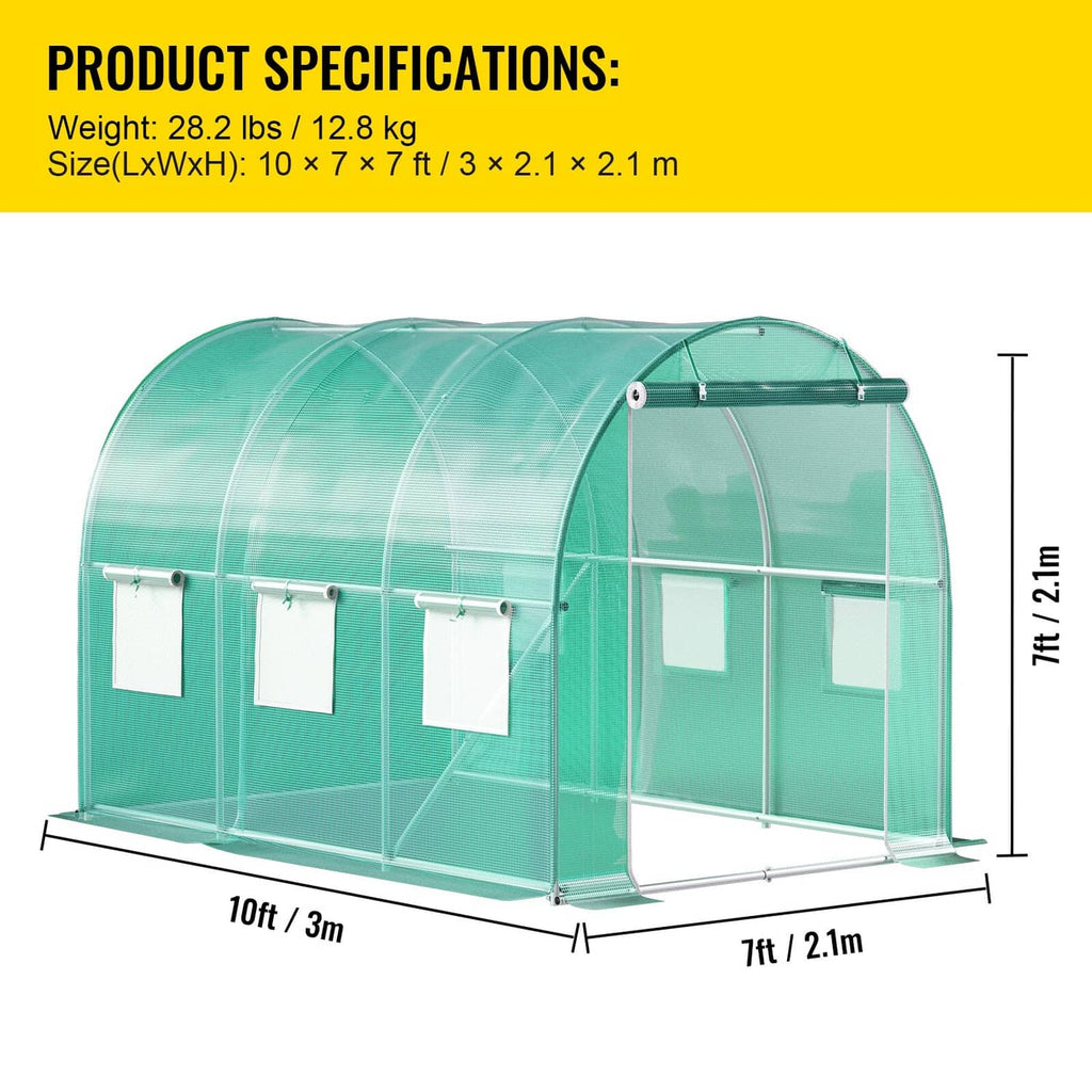 Green tunnel greenhouse with translucent cover, side doors, and arched galvanized frame