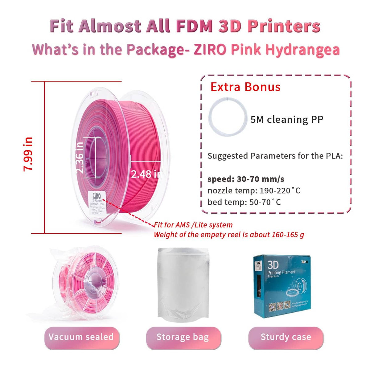 Pink Hydrangea matte PLA 1kg reel kit with vacuum-sealed bag, storage pouch, case