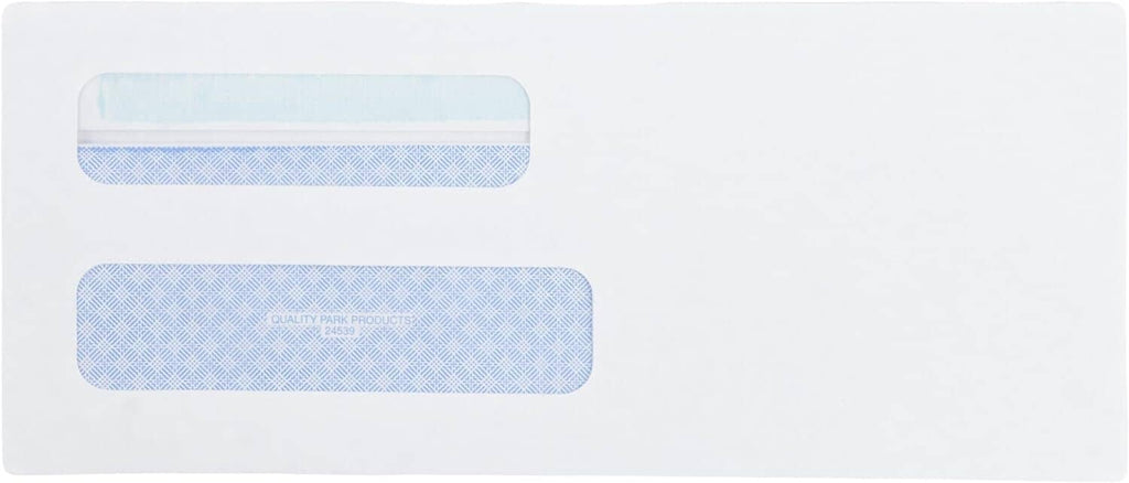 White security envelope with two blue window panels and self-sealing flap