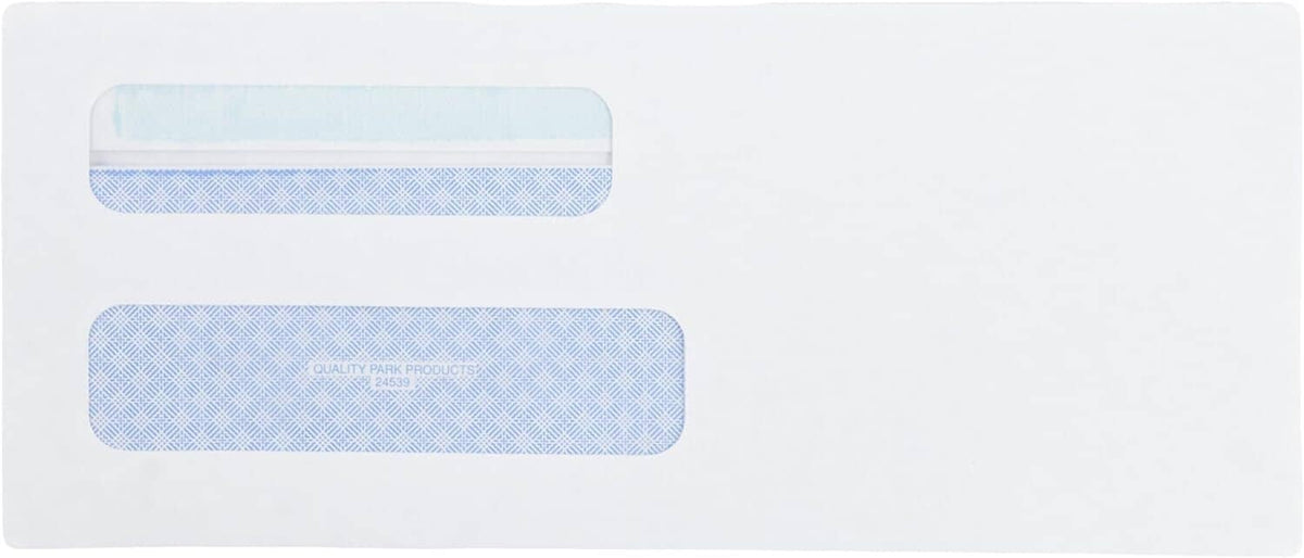 White security envelope with two blue window panels and self-sealing flap