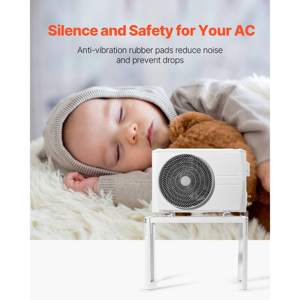 White mini split AC ground stand holding an outdoor condenser unit