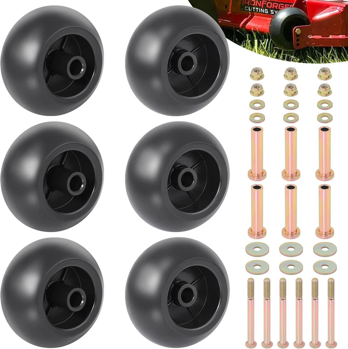 Set of six black mower deck wheels with copper-colored axle studs and washers